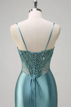 Cinzento Cinzento Verde Sereia Esparguete Correias Espartilho Longo Vestido de Baile com Fenda