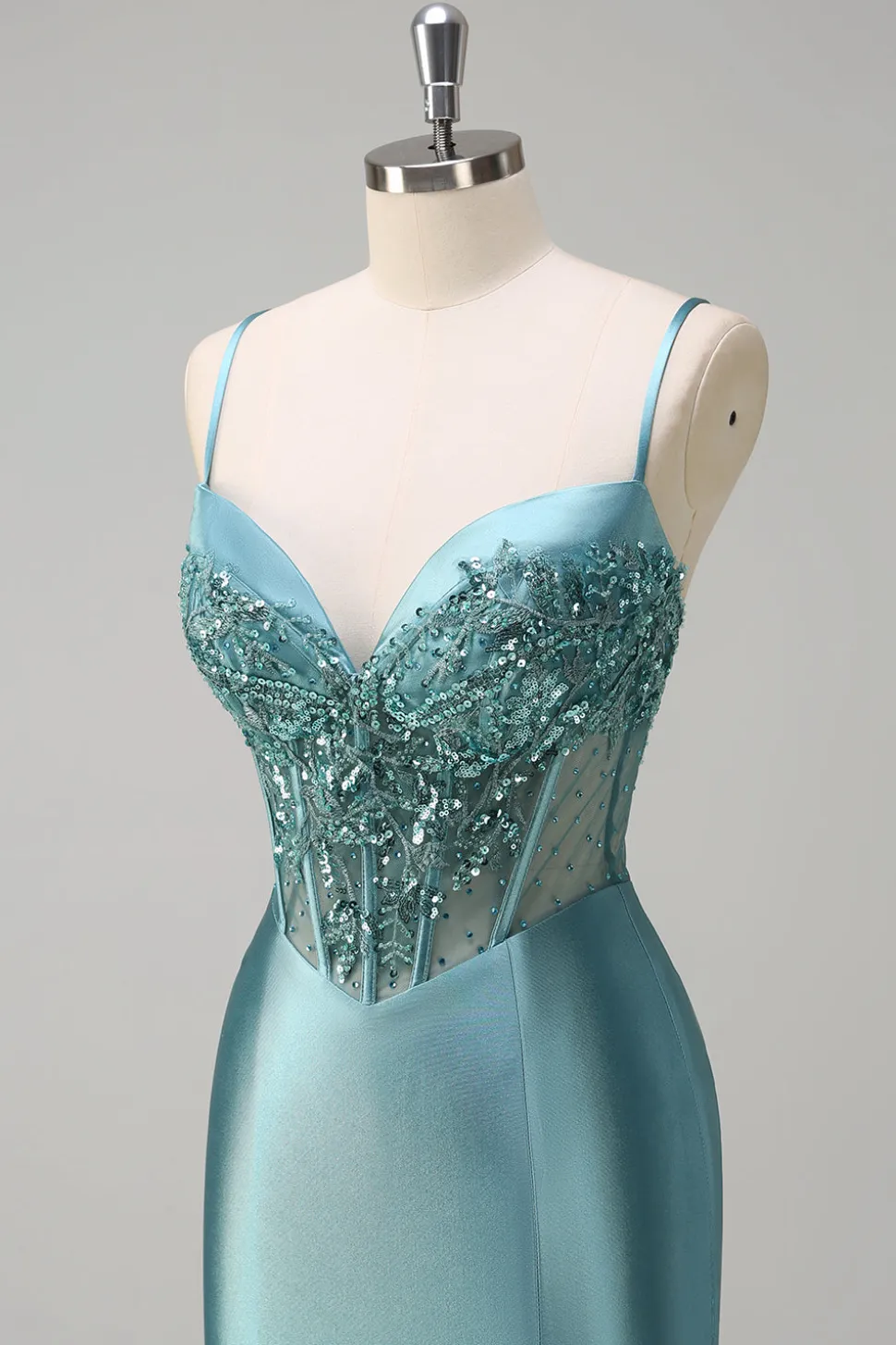 Cinzento Cinzento Verde Sereia Esparguete Correias Espartilho Longo Vestido de Baile com Fenda