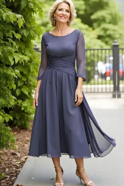 Cinzento Elegante Uma Linha Chiffon Boat Neck Midi Mãe do Vestido da Noiva