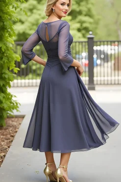 Cinzento Elegante Uma Linha Chiffon Boat Neck Midi Mãe do Vestido da Noiva