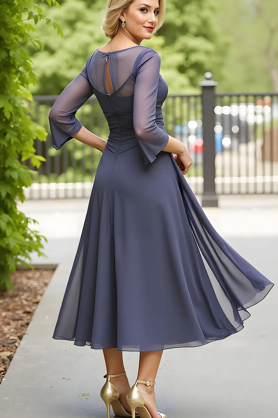 Cinzento Elegante Uma Linha Chiffon Boat Neck Midi Mãe do Vestido da Noiva