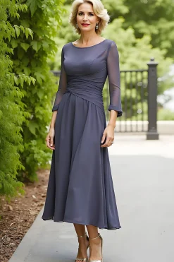 Cinzento Elegante Uma Linha Chiffon Boat Neck Midi Mãe do Vestido da Noiva