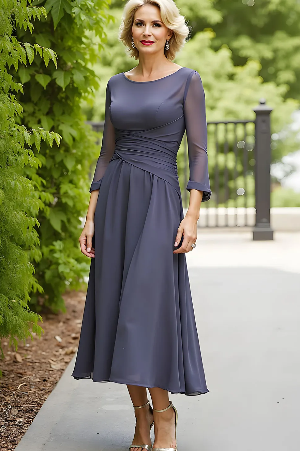 Cinzento Elegante Uma Linha Chiffon Boat Neck Midi Mãe do Vestido da Noiva