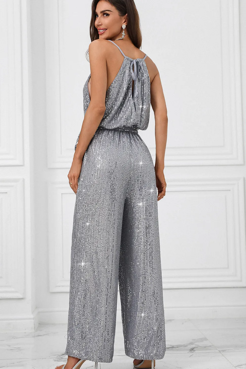 Cinzento Glitter Sequin Mangas Wide Leg Jumpsuit