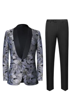 Cinzento Jacquard Xaile Lapela Masculino 2 Peças Ternos