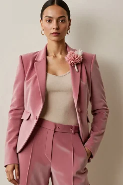 Cinzento Rosa 2 Peças Notched Lapela Mulheres Ternos com Flor 3D