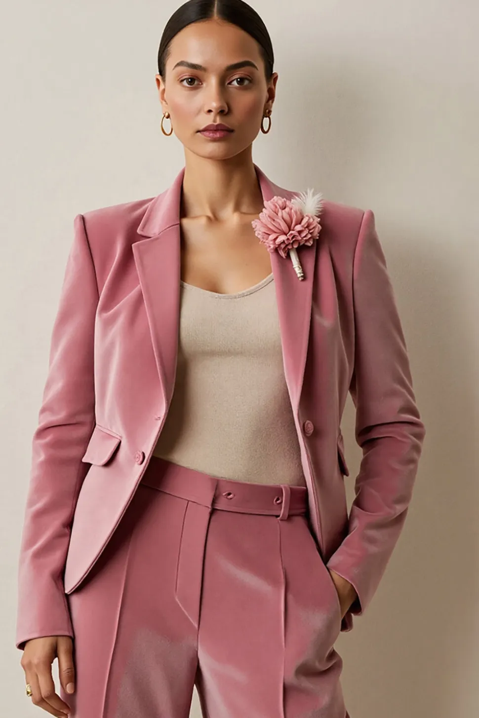 Cinzento Rosa 2 Peças Notched Lapela Mulheres Ternos com Flor 3D