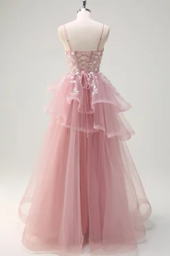 Cinzento Rosa A-Line Spiral Ruffle Tiered Long Corset Prom Dress com Apliques