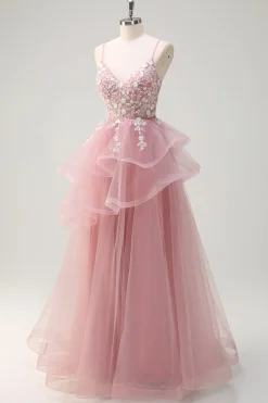 Cinzento Rosa A-Line Spiral Ruffle Tiered Long Corset Prom Dress com Apliques