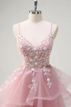 Cinzento Rosa A-Line Spiral Ruffle Tiered Long Corset Prom Dress com Apliques