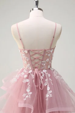 Cinzento Rosa A-Line Spiral Ruffle Tiered Long Corset Prom Dress com Apliques
