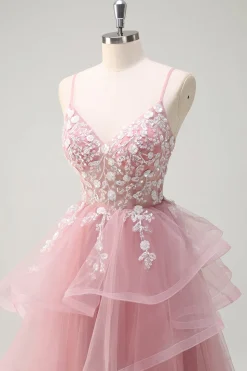 Cinzento Rosa A-Line Spiral Ruffle Tiered Long Corset Prom Dress com Apliques