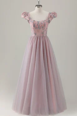Cinzento Rosa Floral A-Line Long Prom Dress com mangas curtas