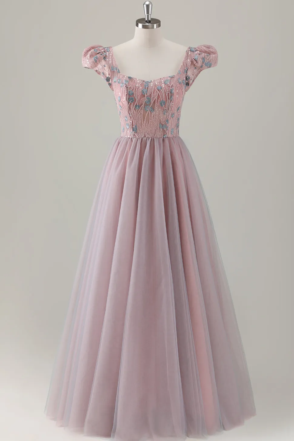 Cinzento Rosa Floral A-Line Long Prom Dress com mangas curtas