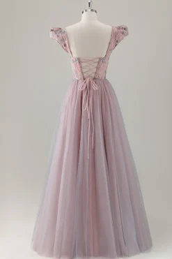 Cinzento Rosa Floral A-Line Long Prom Dress com mangas curtas