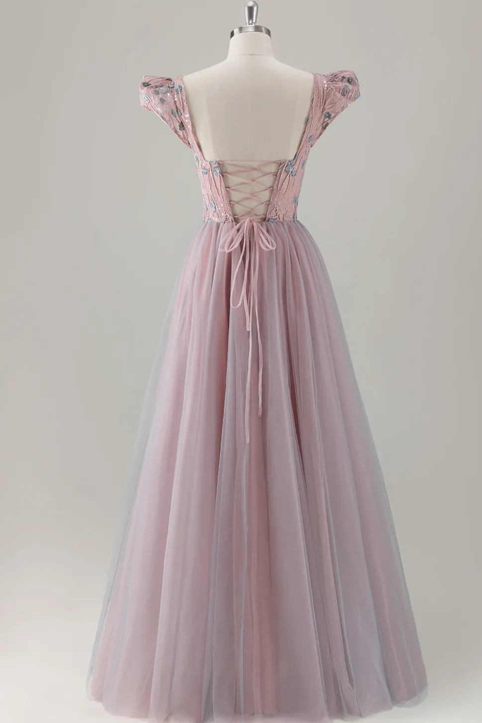 Cinzento Rosa Floral A-Line Long Prom Dress com mangas curtas