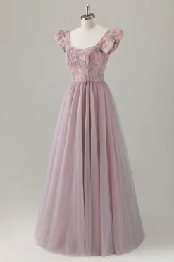 Cinzento Rosa Floral A-Line Long Prom Dress com mangas curtas