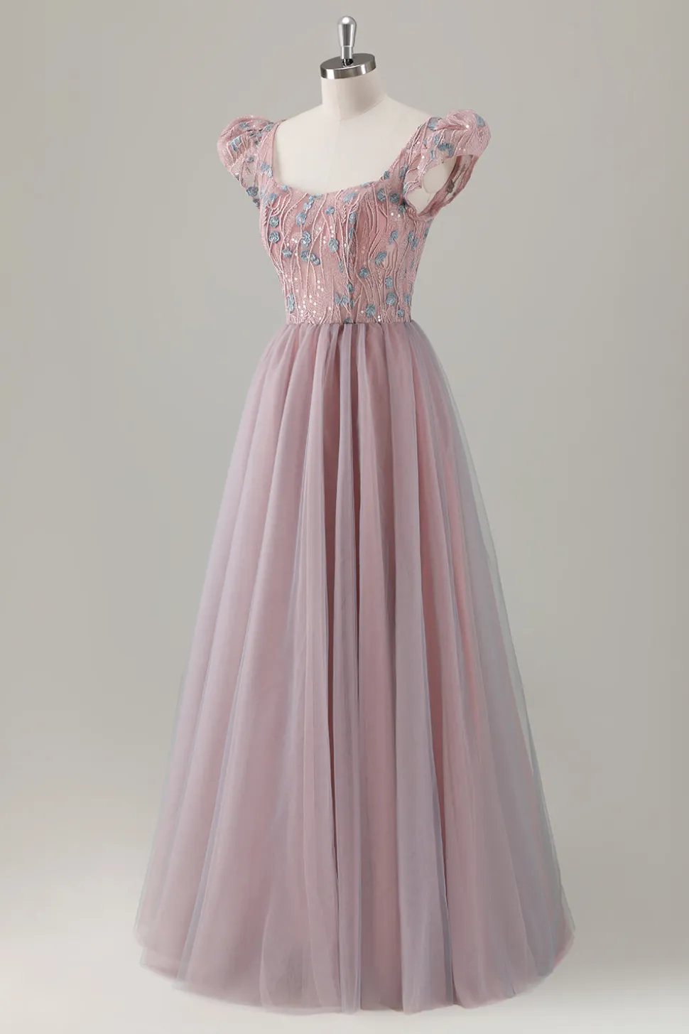 Cinzento Rosa Floral A-Line Long Prom Dress com mangas curtas
