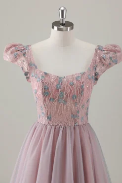 Cinzento Rosa Floral A-Line Long Prom Dress com mangas curtas