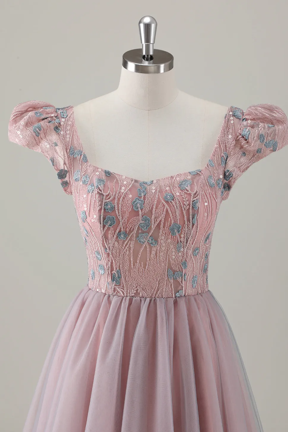 Cinzento Rosa Floral A-Line Long Prom Dress com mangas curtas