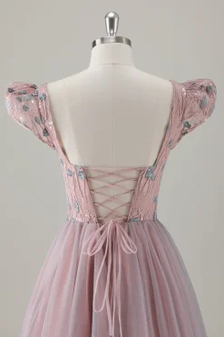 Cinzento Rosa Floral A-Line Long Prom Dress com mangas curtas
