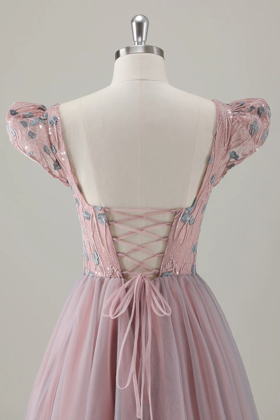 Cinzento Rosa Floral A-Line Long Prom Dress com mangas curtas