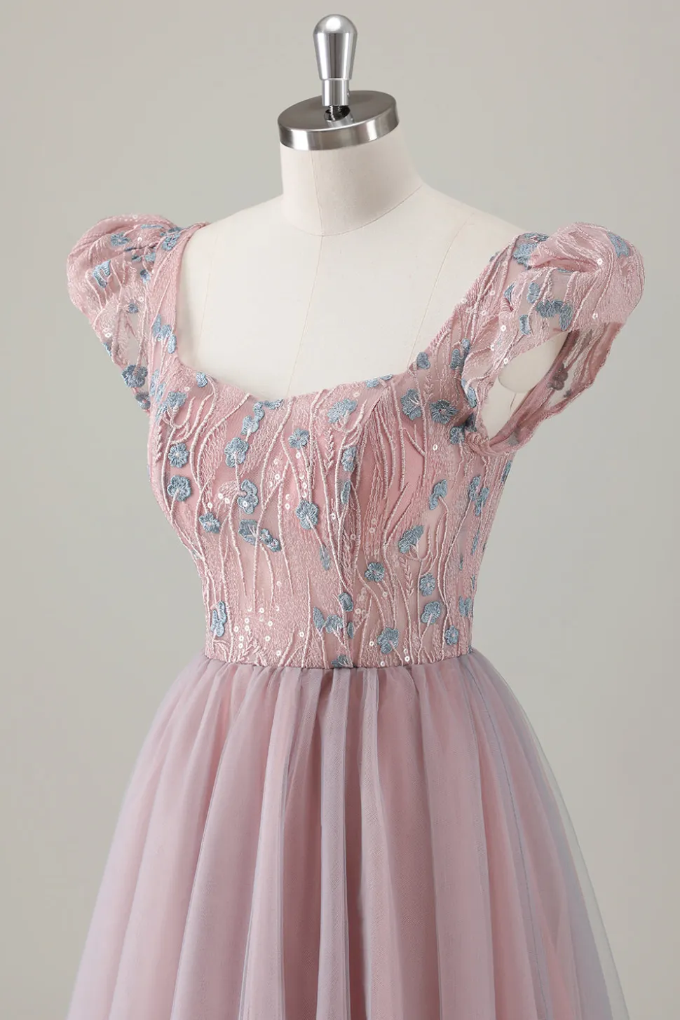 Cinzento Rosa Floral A-Line Long Prom Dress com mangas curtas
