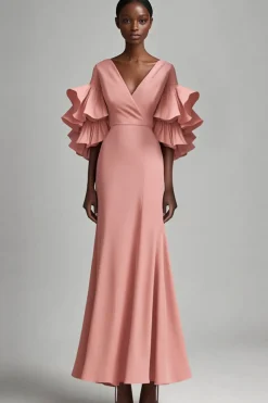 Cinzento Rosa V Pescoço Sereia Vestido Longo Mãe com Folhos