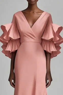 Cinzento Rosa V Pescoço Sereia Vestido Longo Mãe com Folhos