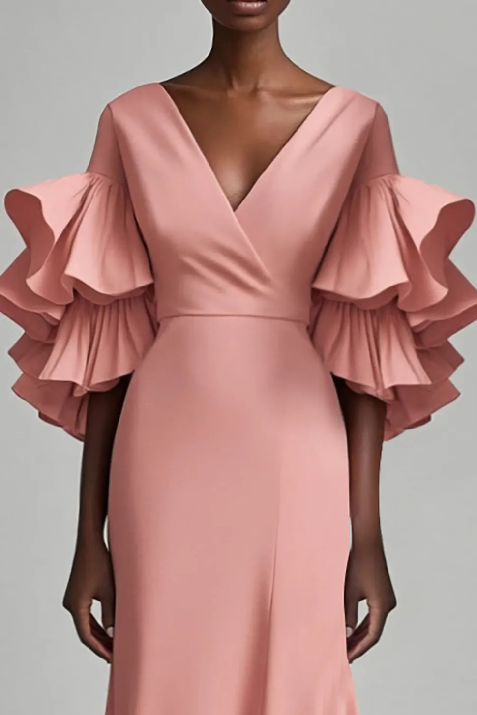 Cinzento Rosa V Pescoço Sereia Vestido Longo Mãe com Folhos