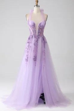 Cinzento roxo A-Line Halter pescoço frisado longo vestido de baile
