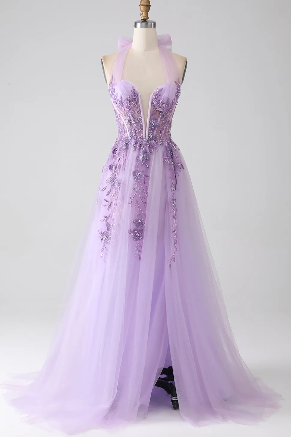 Cinzento roxo A-Line Halter pescoço frisado longo vestido de baile