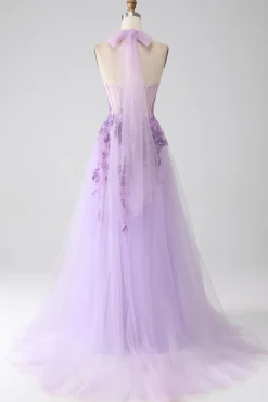Cinzento roxo A-Line Halter pescoço frisado longo vestido de baile
