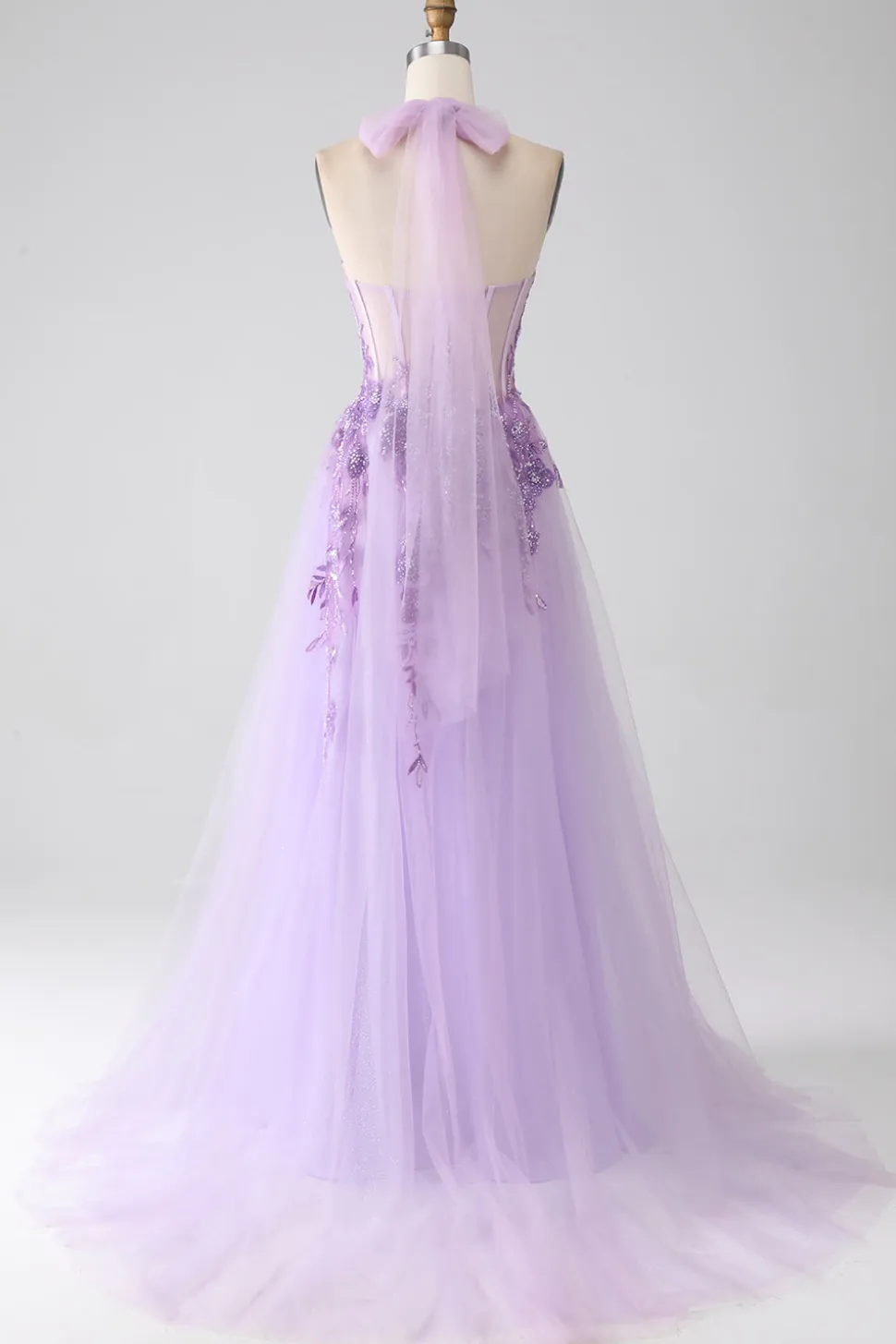 Cinzento roxo A-Line Halter pescoço frisado longo vestido de baile