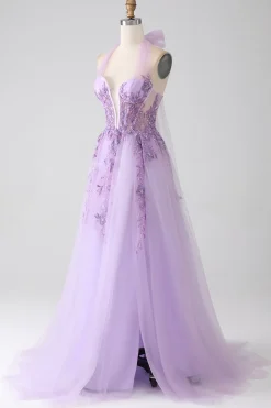 Cinzento roxo A-Line Halter pescoço frisado longo vestido de baile