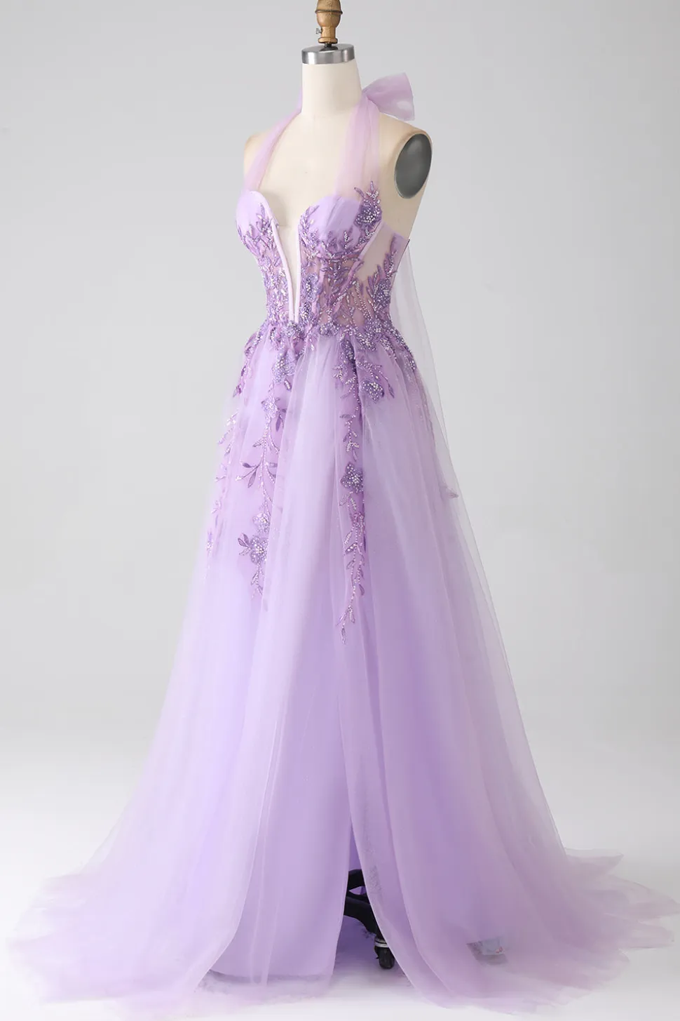 Cinzento roxo A-Line Halter pescoço frisado longo vestido de baile