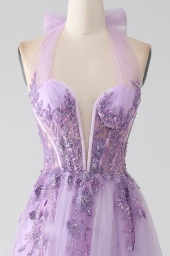 Cinzento roxo A-Line Halter pescoço frisado longo vestido de baile