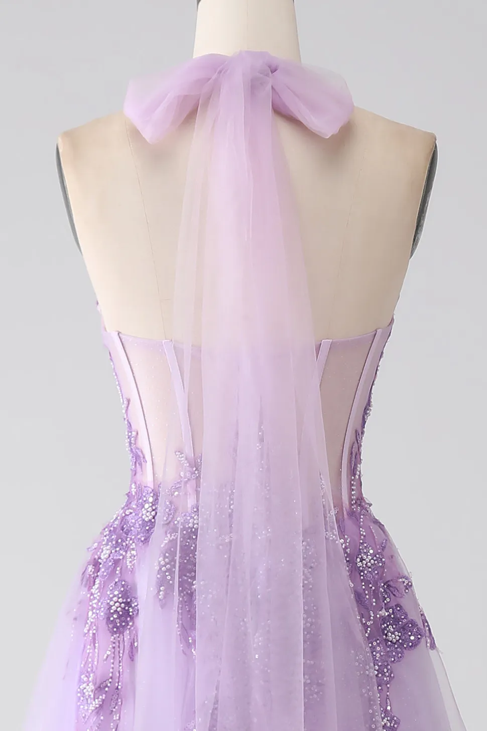 Cinzento roxo A-Line Halter pescoço frisado longo vestido de baile