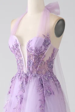 Cinzento roxo A-Line Halter pescoço frisado longo vestido de baile