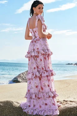 Cinzento roxo A-Line Tiered Estampa vestido floral da dama de honra com fenda de babados