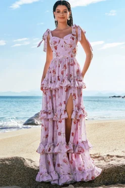 Cinzento roxo A-Line Tiered Estampa vestido floral da dama de honra com fenda de babados