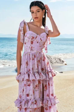 Cinzento roxo A-Line Tiered Estampa vestido floral da dama de honra com fenda de babados