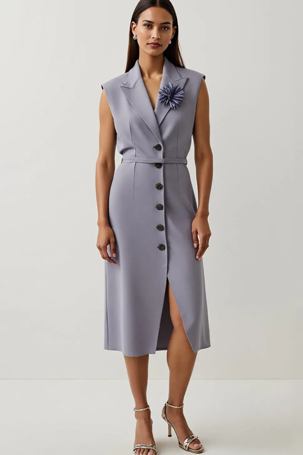 Cinzento roxo cetim pico lapela vestido de trabalho com fenda