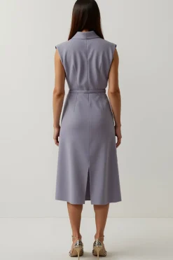 Cinzento roxo cetim pico lapela vestido de trabalho com fenda