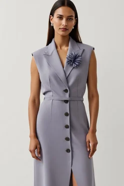 Cinzento roxo cetim pico lapela vestido de trabalho com fenda