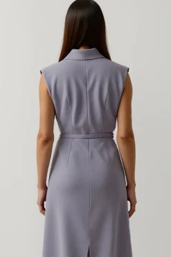 Cinzento roxo cetim pico lapela vestido de trabalho com fenda