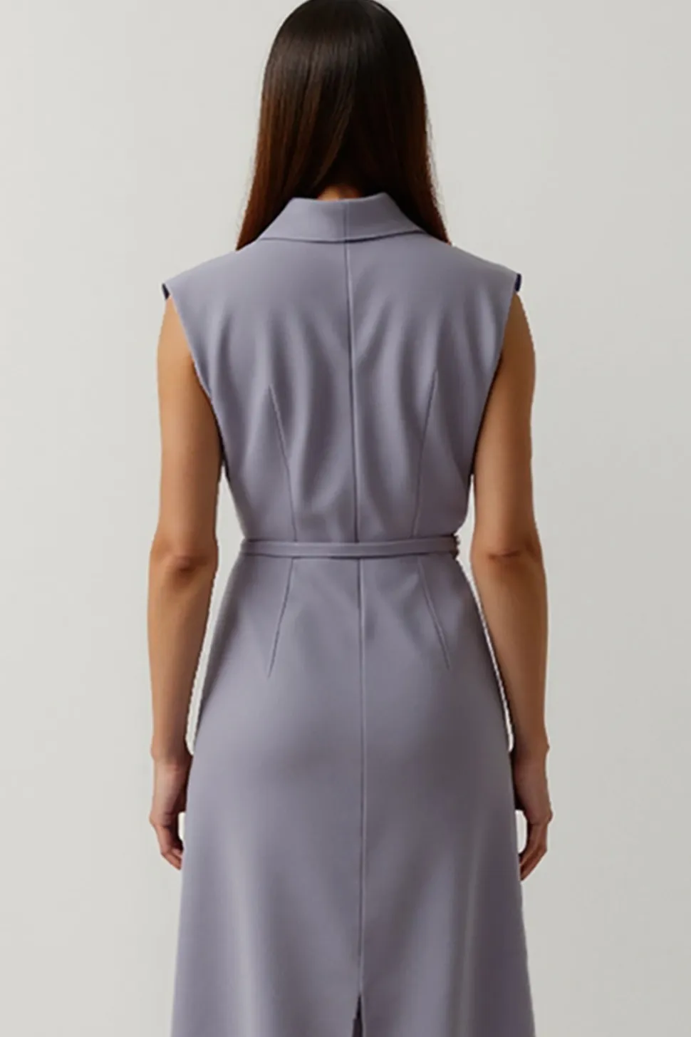 Cinzento roxo cetim pico lapela vestido de trabalho com fenda
