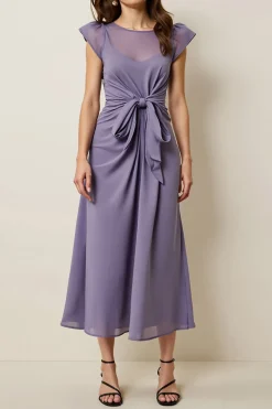 Cinzento Roxo Chiffon Linha-A Longos Vestido Para Casamento Convidada