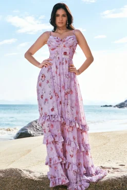 Cinzento roxo floral A-Line espaguete correias espartilho vestido de dama de honra com fenda