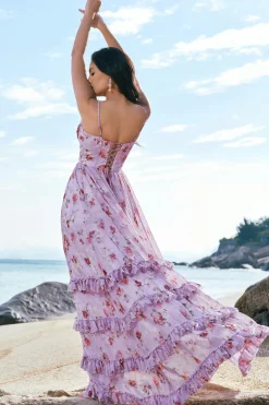 Cinzento roxo floral A-Line espaguete correias espartilho vestido de dama de honra com fenda